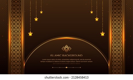 Dark and Golden Luxury Islamic Ornamental Background Islamic Border and Decorative Hanging Stars Ornament with Arabic Pattern and Decorative Ornament Cricle Arch Frame
