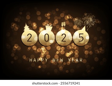 Dark Golden New Year Card, Cover or Background Design Template With Glitter, 3D Numerals, Christmas Tree, Gift Box, Drinking Glasses And Fireworks, Symbols of Year's End Holiday Events Progress - 2025