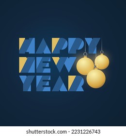 Dark Golden Retro Style Art Deco Happy New Year Type Script Template, Multipurpose Holiday Greetings Typography Design with Christmas Balls, Globes on Blue Background