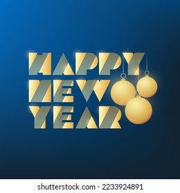 Dark Golden Retro Style Art Deco Happy New Year Type Script Template, Multipurpose Holiday Greetings Typography Design with Christmas Balls, Globes on Blue Background