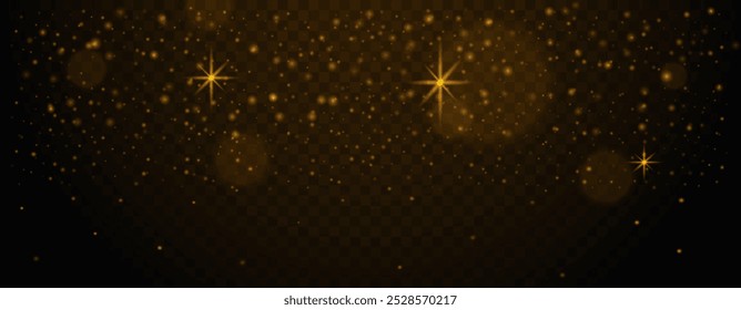 Dark golden starry sky with glowing particles and light flares on transparent background. Abstract sparkling effects Glare light effect. Star dust, sparkles. Neon light. Night star