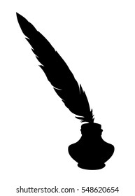 Dark goose nib in small jar isolated on white background with space for scrawl text. Monochrome black hand drawn picture in archaic book scribble style