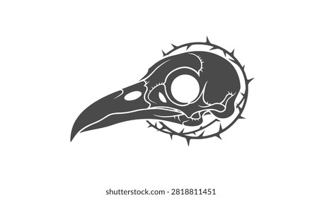 Dark gothic aesthetic illustration of a bird skull encircled by a sharp crown of thorns on a white background.