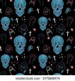 Dark gothic background. Seamless pattern with skulls and gravestones. Cemetery illustration.