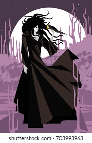 dark gothic black dress woman holding a crow bird in the night