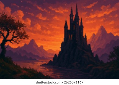 A dark gothic castle rising from rocky cliffs against a burning sunset sky. Great for dramatic 2D pixel game scenes and fantasy adventure narratives.
