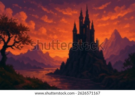 A dark gothic castle rising from rocky cliffs against a burning sunset sky. Great for dramatic 2D pixel game scenes and fantasy adventure narratives.