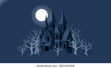 Dark gothic castle silhouette stands in a gloomy forest under a bright full moon with bare trees and deep blue shadows in the night sky.