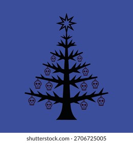 Árvore de Natal gótica escura com ornamentos de crânio — Arte vetor de férias assustadora
