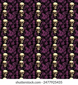 Dark, gothic and eerie seamless pattern of skulls and bones set against a black background. For printing, bed linen, clothes, textile, halloween