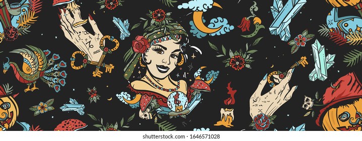 Dark gothic fairy tale background. Halloween seamless pattern. Old school tattoo style. Witch woman, gypsy, crystal ball, Jack O' Lantern, occult hands and black cats 