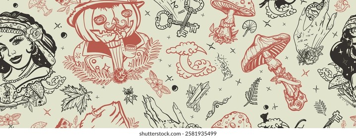 Dark gothic fairy tale background. Traditional tattooing style. Witch woman, gypsy, crystal ball, Jack O' Lantern, occult hands and black cats. Halloween seamless pattern