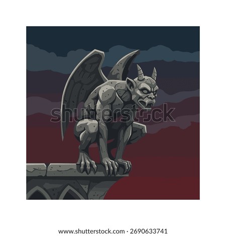 Dark gothic gargoyle statue perched on ancient cathedral building at twilight, ominous sky.