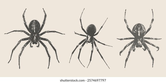 Dark gothic halftone spiders set. Retro photocopy effect. Collage elements for mixed media design. Vintage grunge bitmap.