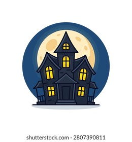 A dark, gothic haunted house with illuminated windows stands ominously, evoking a sense of mystery and Halloween spirit.
