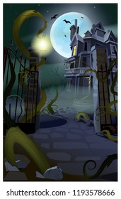 Dark gothic house with flying bats vector illustration. Open gates of fence with growing roots. Halloween concept