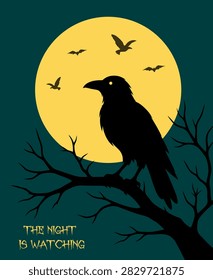 Dark gothic illustration featuring a black raven perched on a twisted tree branch beneath a large yellow full moon, with flying bats and spooky night scenery.
