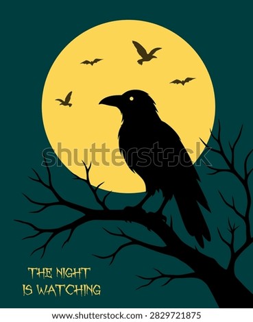Dark gothic illustration featuring a black raven perched on a twisted tree branch beneath a large yellow full moon, with flying bats and spooky night scenery.