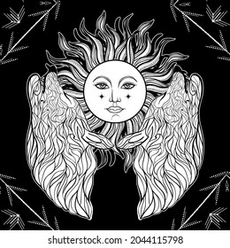 Dark gothic illustration with howling wolf or werewolf and sun. Tattoo art style background. Sunset concept.