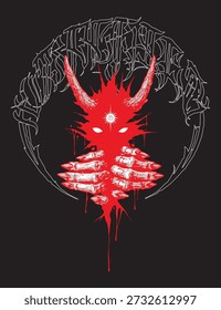 Dark Gothic Monster T-Shirt Design with Red Demon Face, Dripping Blood and Metal Typography Vector Illustration