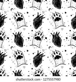 Dark gothic pattern with cat's paw and hearts. Vintage style. Gypsy and hipster vector illustration.