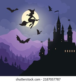 Dark gothic picture made up of medieval castle, witch and bats on the backdrop of moon. Halloween vector illustration of a amazing view of a castle, witch on the broom and bats in the sky in the night
