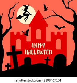 Dark gothic picture made up of medieval castle, bats in the orange sky, flying witch on the backdrop of full moon, graves among trees and text Happy Halloween as card, wallpaper, postcard or poster.
