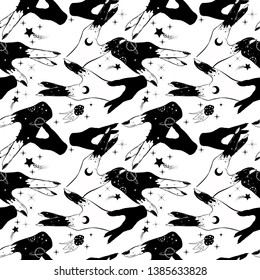 Dark gothic seamless pattern with witch's hands. Spiritual art.