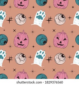 Dark gothic spooky seamless pattern. Autumn halloween pumpkins and pawas.