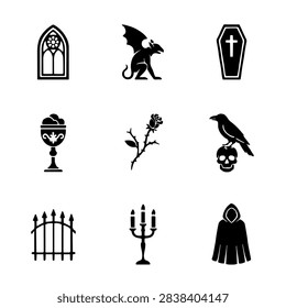 Dark Gothic symbols including gargoyle raven skull and cathedral
