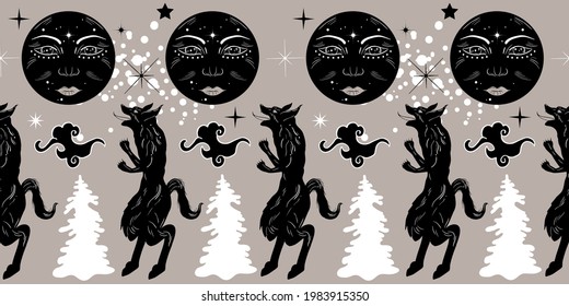 Dark gothic tattoo art style seamless pattern with werewolf and moon. Mystic fantasy print.