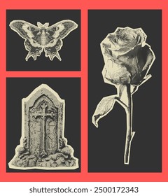 Dark gothic vector halftone collage. Vintage photocopy effect of a moth, a gravestone, and a rose. Modern Y2K mixed media. Perfect for retro designs, Halloween projects, gothcore print and poster.