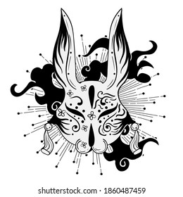 Dark gothic vector illustration of japanese rabbit mask. Tattoo art style.