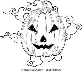 Dark gothic witchy halloween illustration with pumpkin.Mystic, occult background. Trendy vector illustration.