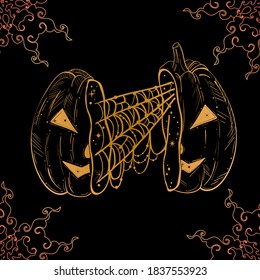 Dark gothic witchy halloween illustration with pumpkin with spiderweb inside. Mystic, occult background. Trendy vector illustration.