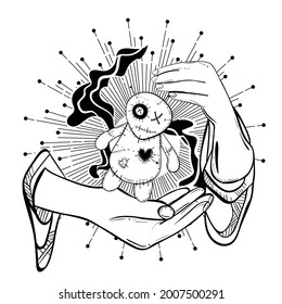Dark gothic witchy illustration of a voodoo doll with magician's hands. Tattoo art style background.