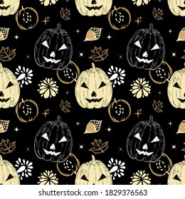 Dark gothic witchy seamless pattern. Autumn halloween pumpkins.