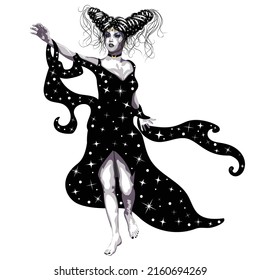 Dark gothic woman with starry eyes as Nyx, goddess of the night, illustration.