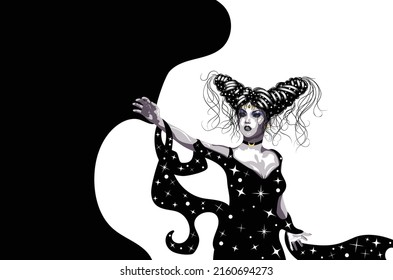 Dark gothic woman with starry eyes as Nyx, goddess of the night, illustration.