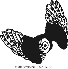 A dark, gothic-inspired illustration of a winged eye. This surreal, monochromatic image conveys a sense of mystery and intrigue