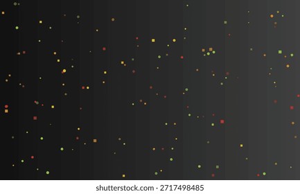 A dark gradient background with scattered colorful geometric shapes. The shapes include small dots, circles, squares, and stars in shades of red, green, yellow, and orange. This abstract design resembles confetti and creates a festive and dynamic visual effect.