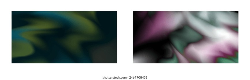 Degradado oscuro. Efecto de humo multicolor. auroras boreales. Fondo abstracto inusual. Fondo de pantalla o cubierta. Conjunto de dos fondos.