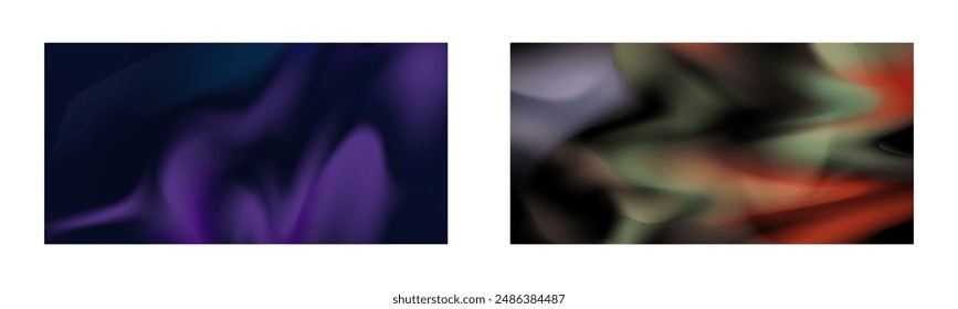 Dark gradient. Multi-colored smoke effect. Northern lights. Unusual abstract background. Wallpaper or cover. Set of two backgrounds.