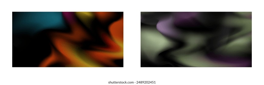 Dark gradient. Multi-colored smoke effect. Northern lights. Unusual abstract background. Wallpaper or cover. Set of two backgrounds.
