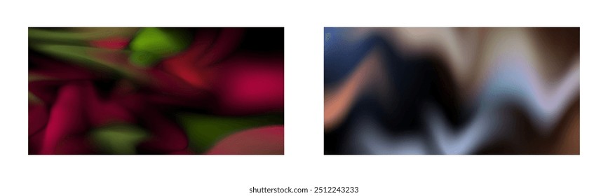 Gradiente escuro. Efeito multicolorido de fumaça. Luzes do norte. Fundo abstrato incomum. Papel de parede ou capa. Conjunto de dois fundos.
