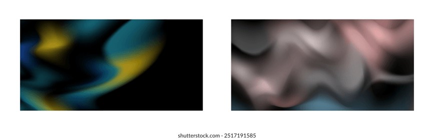 Gradiente escuro. Efeito multicolorido de fumaça. Luzes do norte. Fundo abstrato incomum. Papel de parede ou capa. Conjunto de dois fundos.