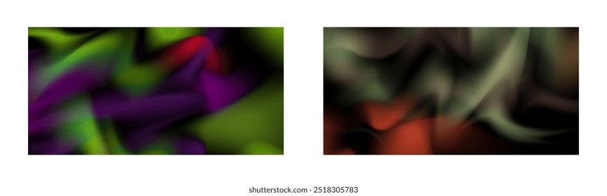 Dark gradient. Multi-colored smoke effect. Northern lights. Unusual abstract background. Wallpaper or cover. Set of two backgrounds.