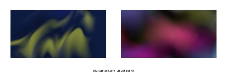 Gradiente oscuro. Efecto humo multicolor. Aurora boreal. Fondo abstracto inusual. Fondo de pantalla o cubierta. Conjunto de dos fondos.