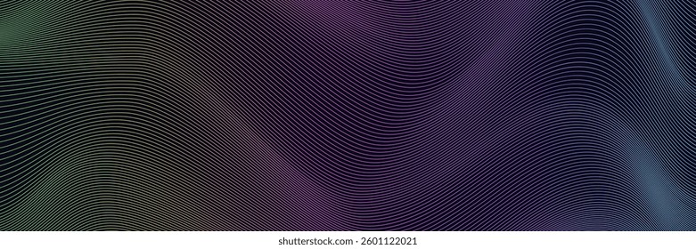 Dark gradient neon flowing lines Background. Horizontal futuristic soft waves texture. Ideal for business graphics, technology visual, digital media, presentation, header, banner, UI design, 