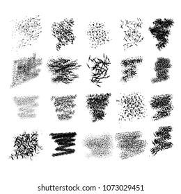 Dark grain texture isolated on white backdrop. Set of black textures for old and grunge design. 